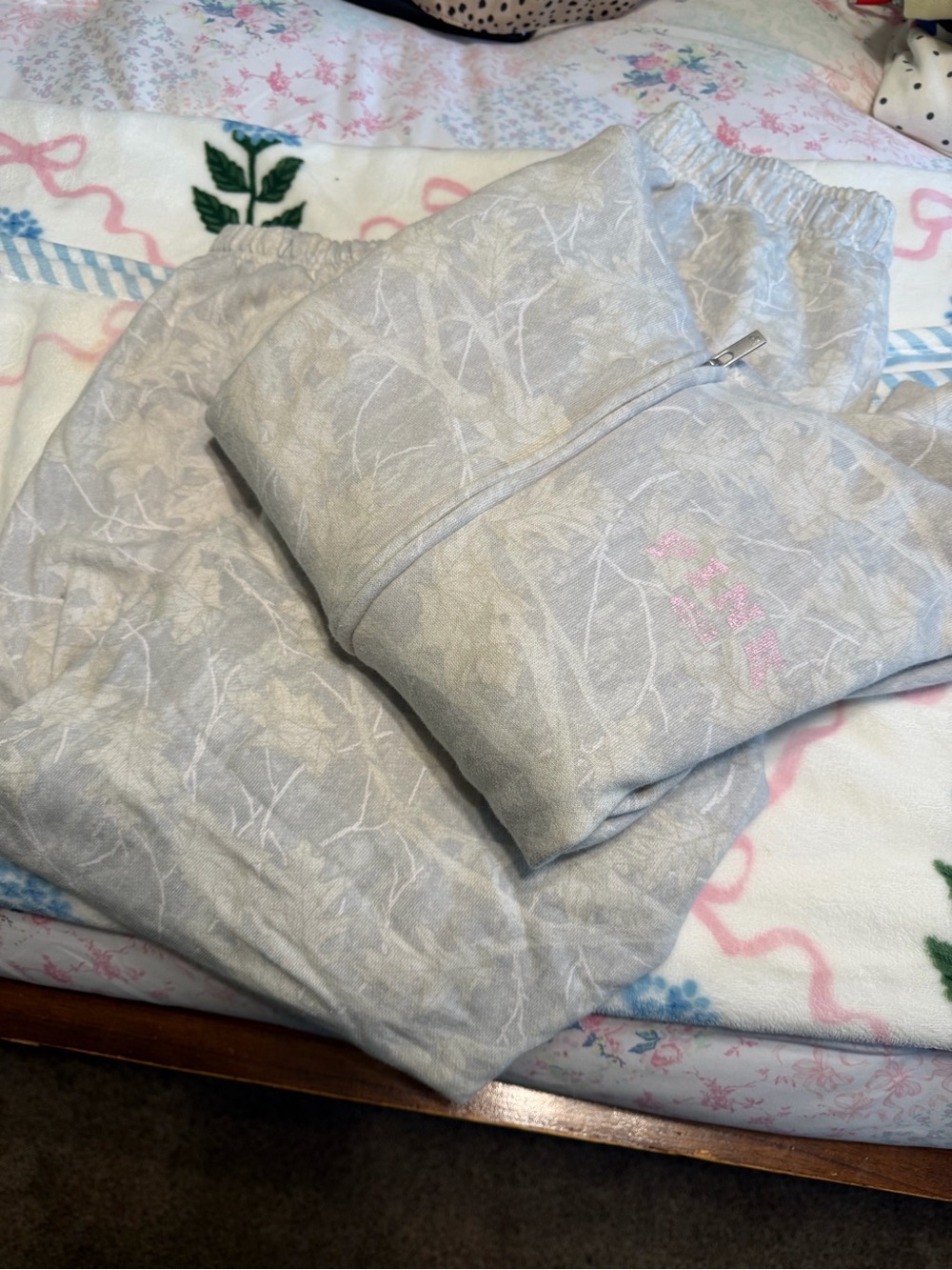 Light Gray Camouflage Sweatpants with Pink Embroidered Logo and zip up hoodie